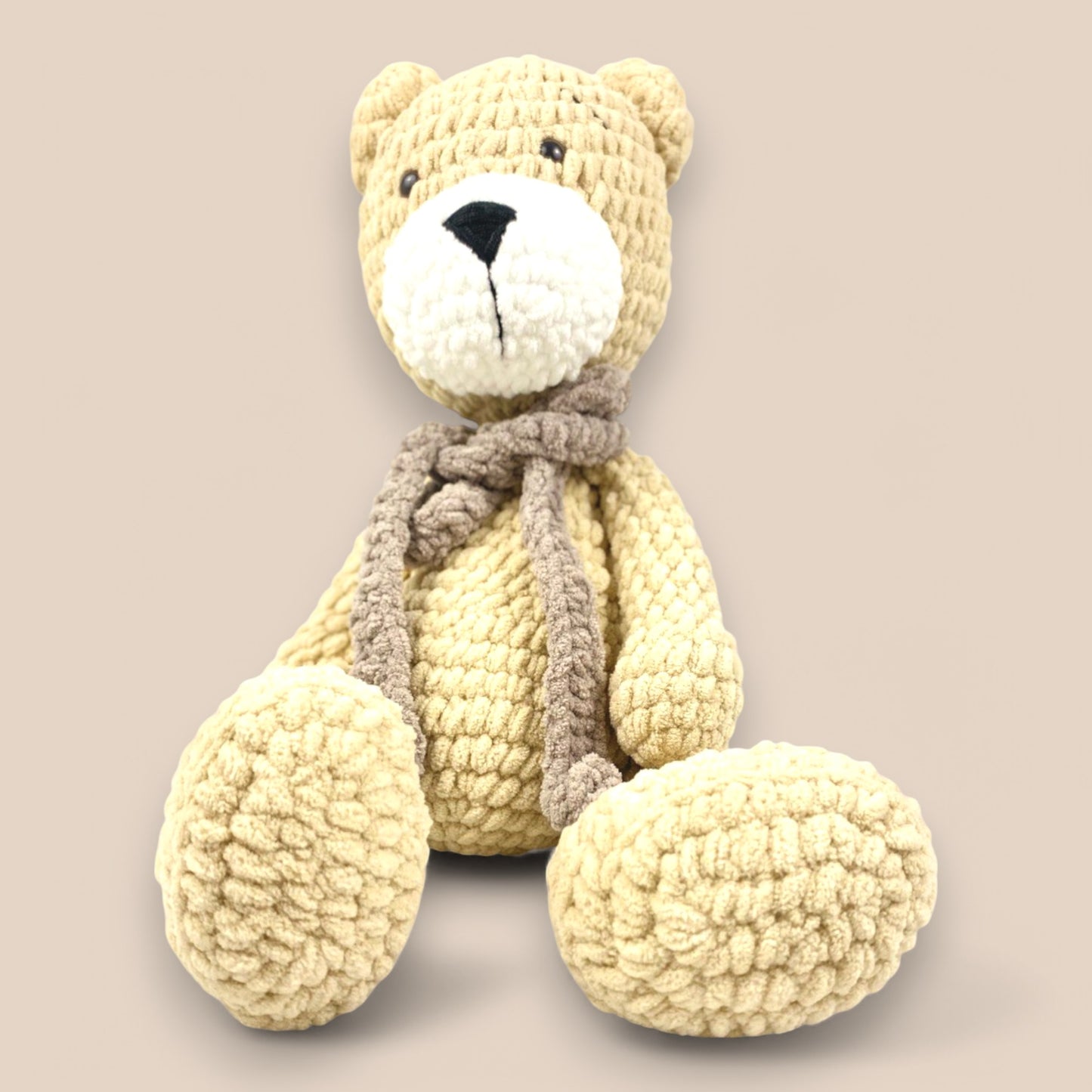 Handmade Chunky yarn Brown brown teddy with dark brown scarf 22 inches*12 Inches. Perfect for newborn ,toddlers . Best for gifting on any occasion.