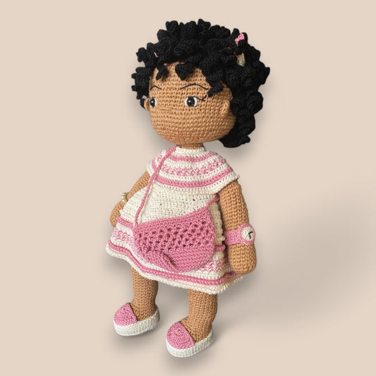 Handmade crochet doll Ziggy with pink dress – 16 inches tall