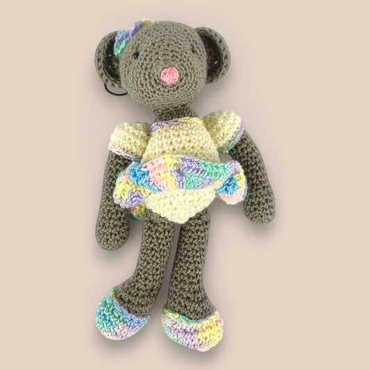 Mini handmade crochet mouse doll in yellow &multicolor dress, amigurumi soft toy for babies, perfect as a stroller charm, crib toy, or bag charm accessory – ideal baby shower or newborn gift