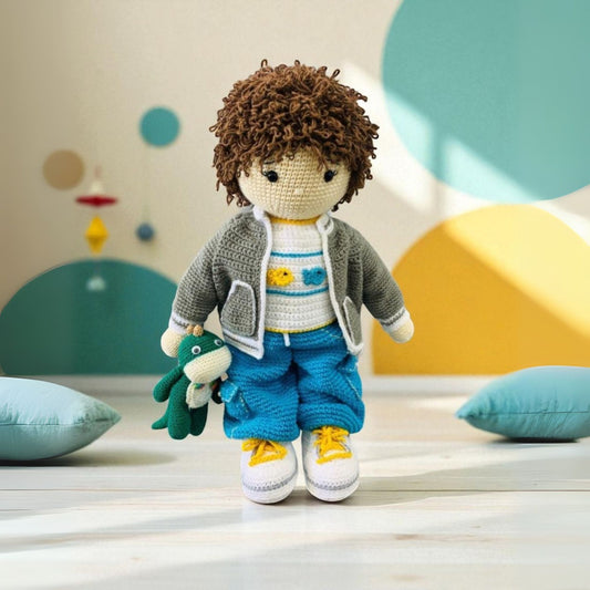 handmade crochet toy without his cap holding a crocodile toy ,white shoes blue pants all handmade