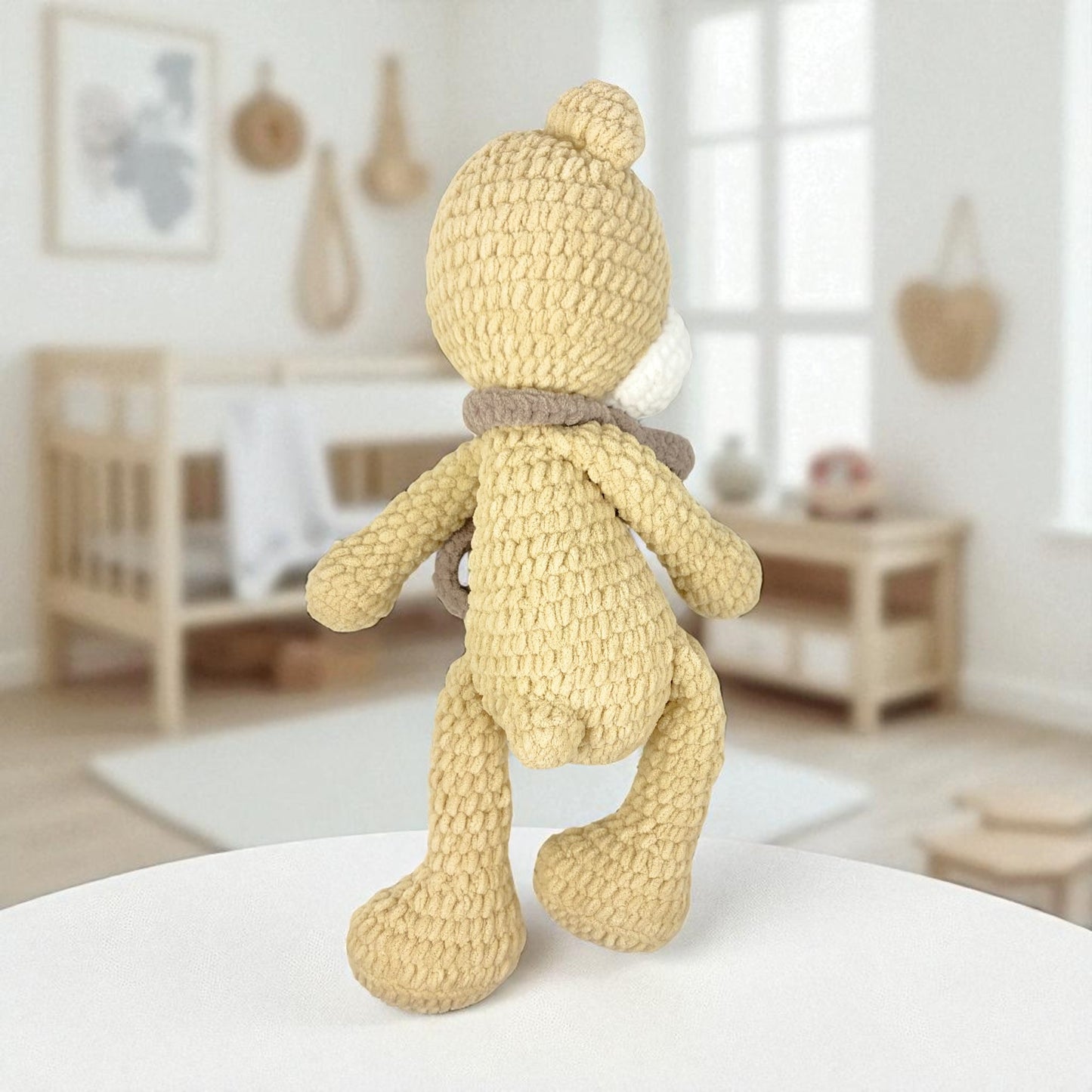 back view of standing crochet teddy handmade