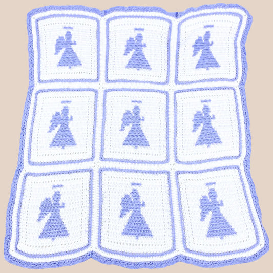full view of 48inches*42inches handmade crochet blanket .white color with light blue 6 angle motifs