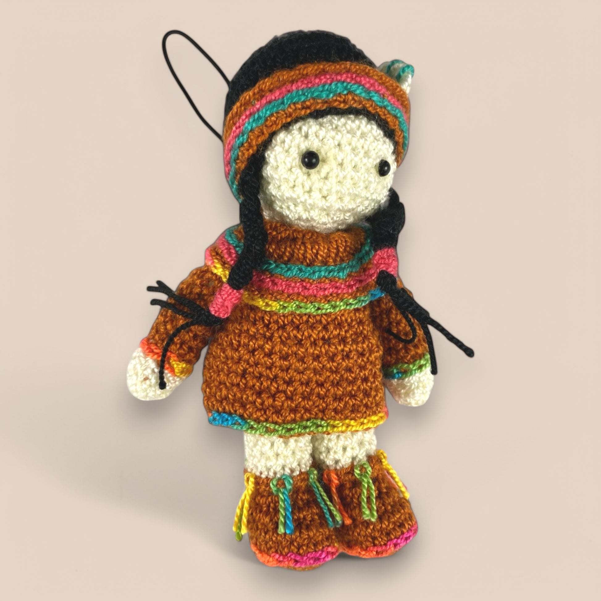 Native Indian tribal girl ,handmade crochet mini toys double as adorable bag charms or soft toys, crafted with premium,baby-safe yarn. Perfect as keepsakes, newborn gifts, or accessories