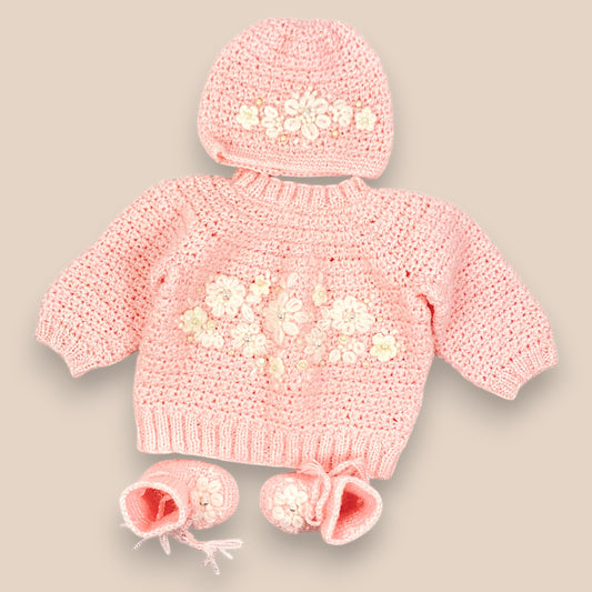 handmade Pink knitted sweater set fron pic with cap and knitted boots.Pink sweater ,cap and boots with embriodered white flowers on each item