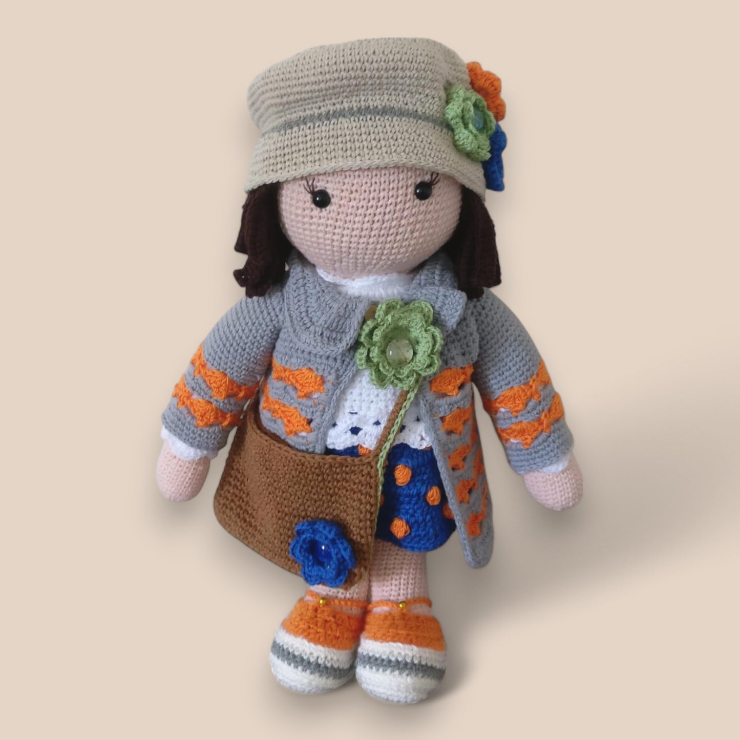 Handmade personalized crochet doll Mandy with detailed accessories – custom amigurumi gift.Close up image2

