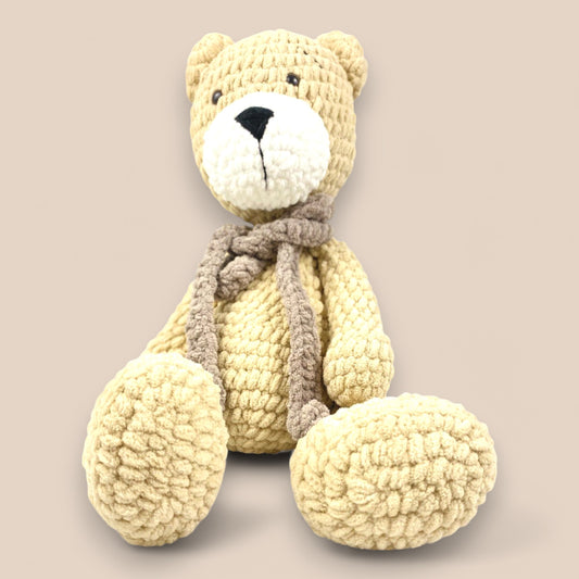 Handmade Chunky yarn Brown brown teddy with dark brown scarf 22 inches*12 Inches. Perfect for newborn ,toddlers . Best for gifting on any occasion.