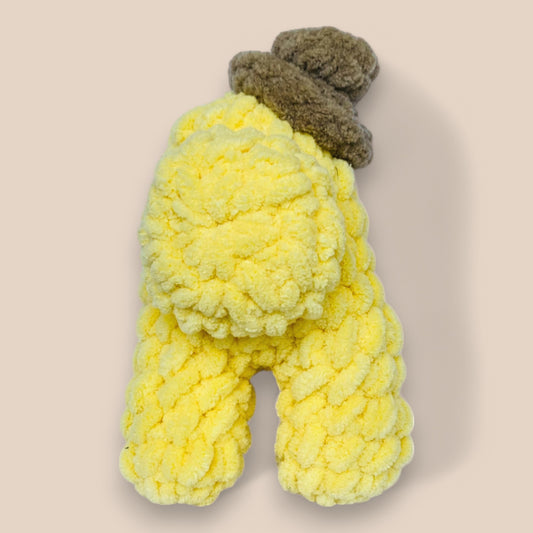 backside view of Yellow Hand-crocheted Among Us plushies made from soft, chunky yarn—lightweight at 90g and perfectly sized at 14cm x 10cm.