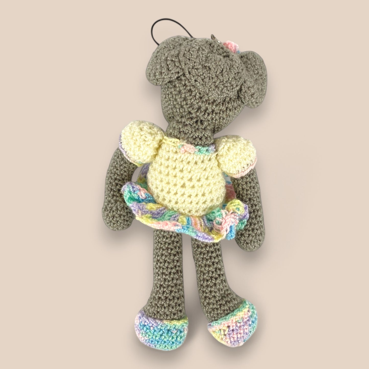 Mini handmade crochet mouse doll in yellow &multicolor dress, amigurumi soft toy for babies, perfect as a stroller charm, crib toy, or bag charm accessory – ideal baby shower or newborn gift

