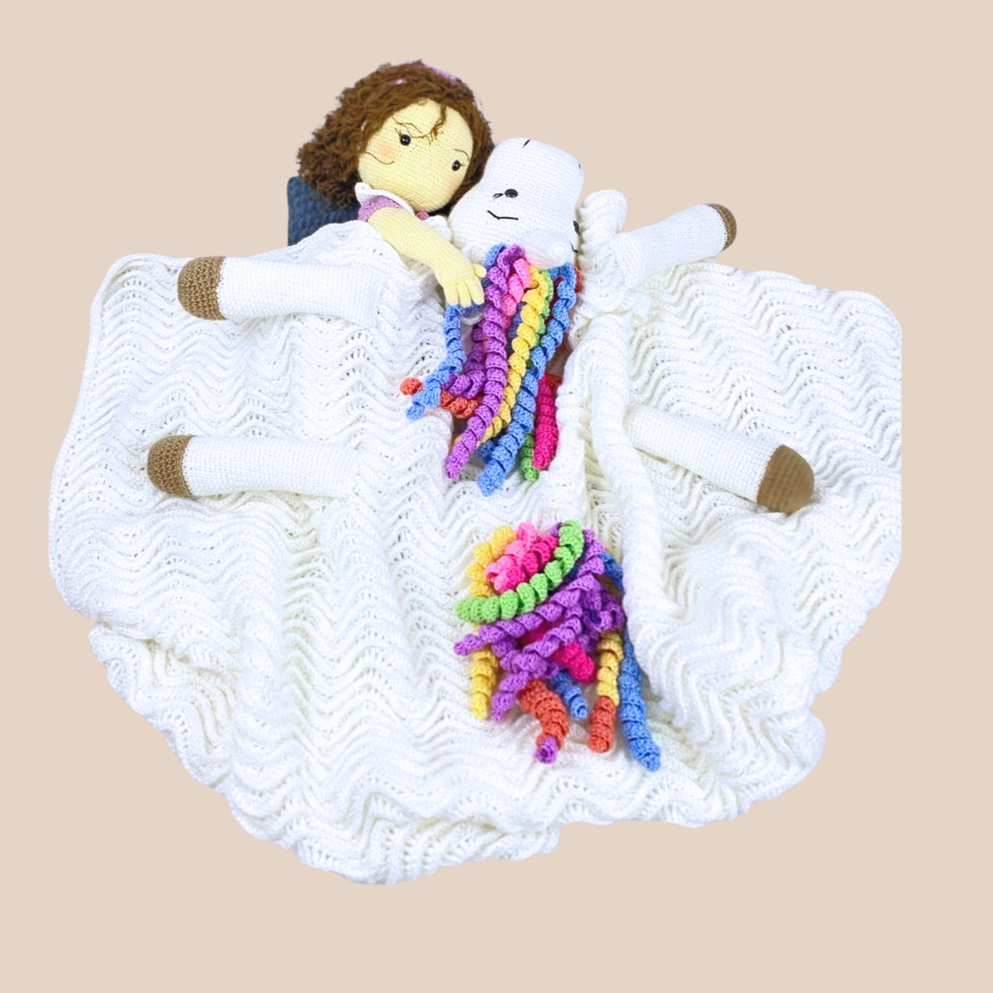 Handmade crochet unicorn toy/blanket with rainbow mane – soft amigurumi plush, eco-friendly and ethically crafted for kids