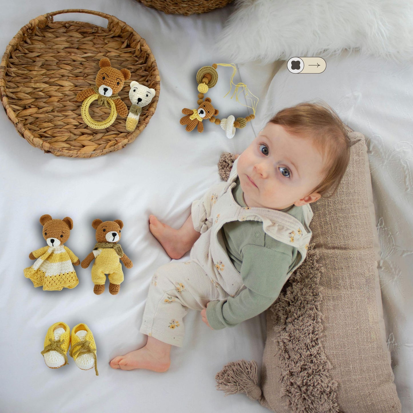 baby on bed looking up surrounded by handmade crib set with 6 pieces 