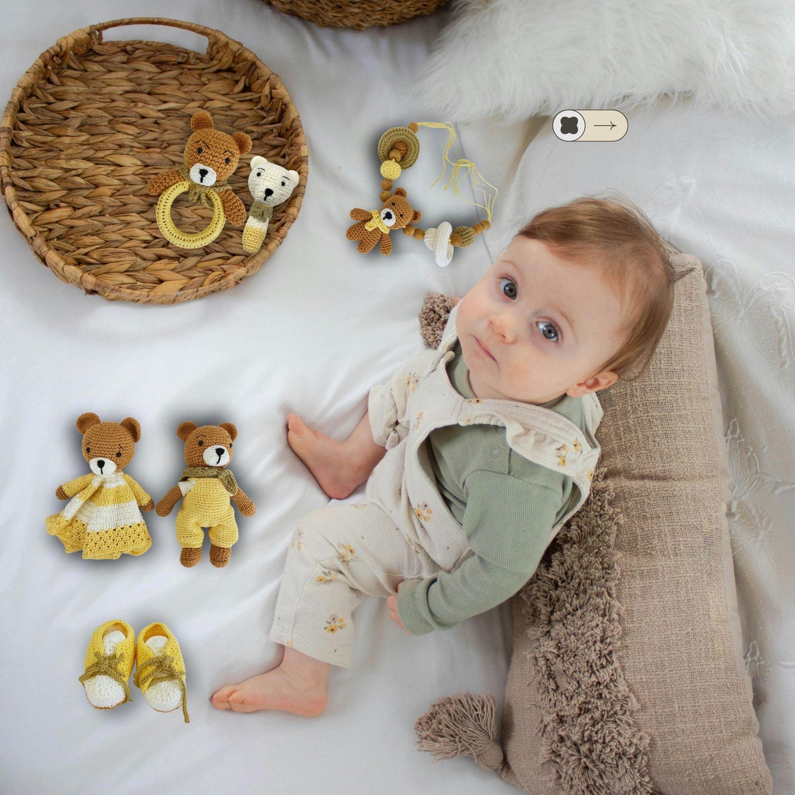 baby on bed looking up surrounded by handmade crib set with 6 pieces 