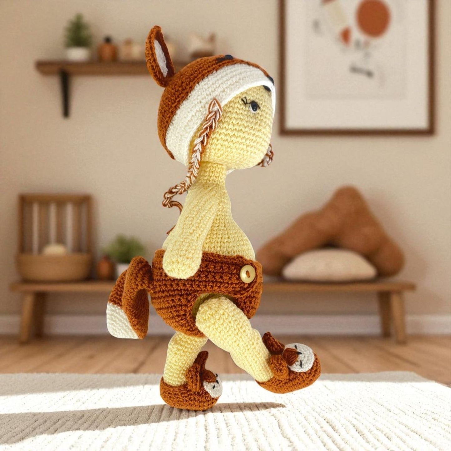 crochet baby wearing fox cap and shoes walking
