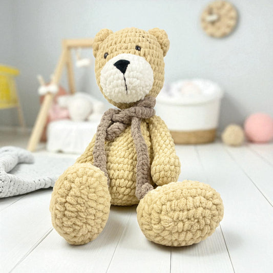 Handmade Chunky yarn Brown brown teddy with dark brown scarf in room setting 22 inches*12 Inches. Perfect for newborn ,toddlers . Best for gifting on any occasion.