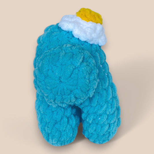 back view of Hand-crocheted Among Us plushies made from soft, blue chunky yarn