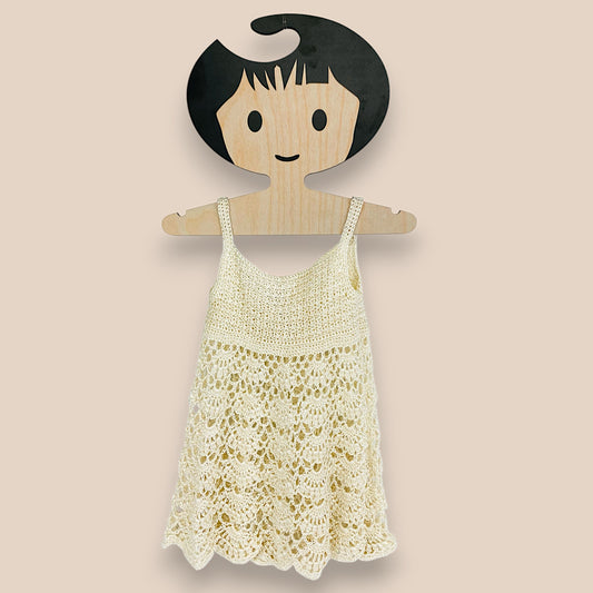 front view of A line handmade crochet dress made of cream rayon silk thread.