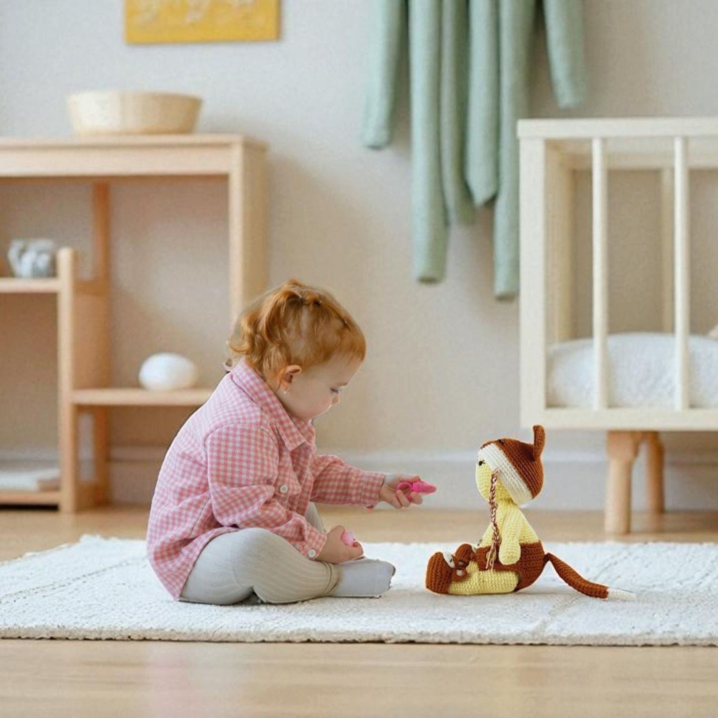 Child playing with a handmade crochet in a nursery room
