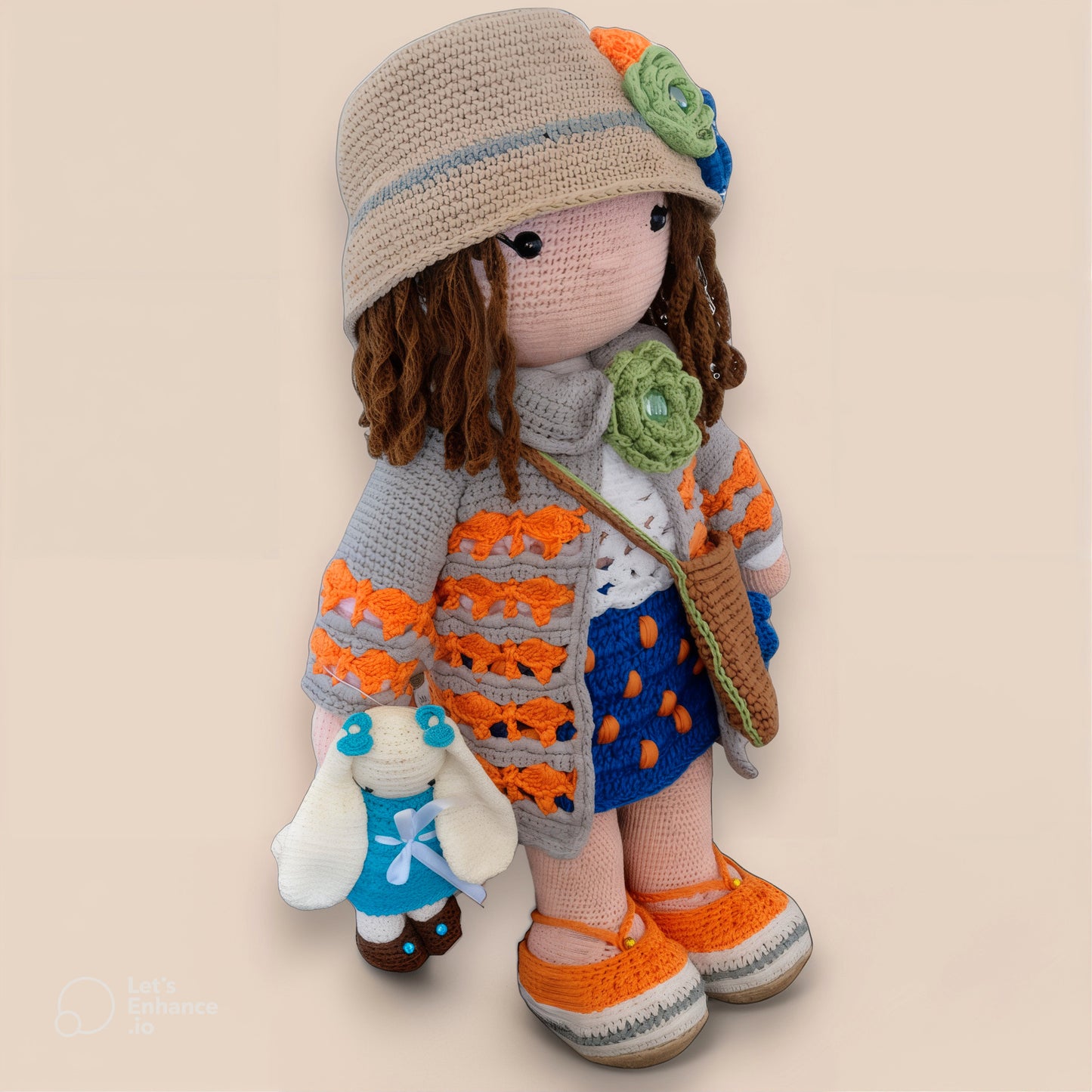 Handmade personalized crochet doll Mandy with detailed accessories – custom amigurumi gift.side view 
