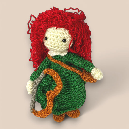 Mini handmade crochet harp playing in greendress ,redhair and brown harp amigurumi soft toy for babies, perfect as a stroller charm, crib toy, or bag charm accessory – ideal baby shower or newborn gift