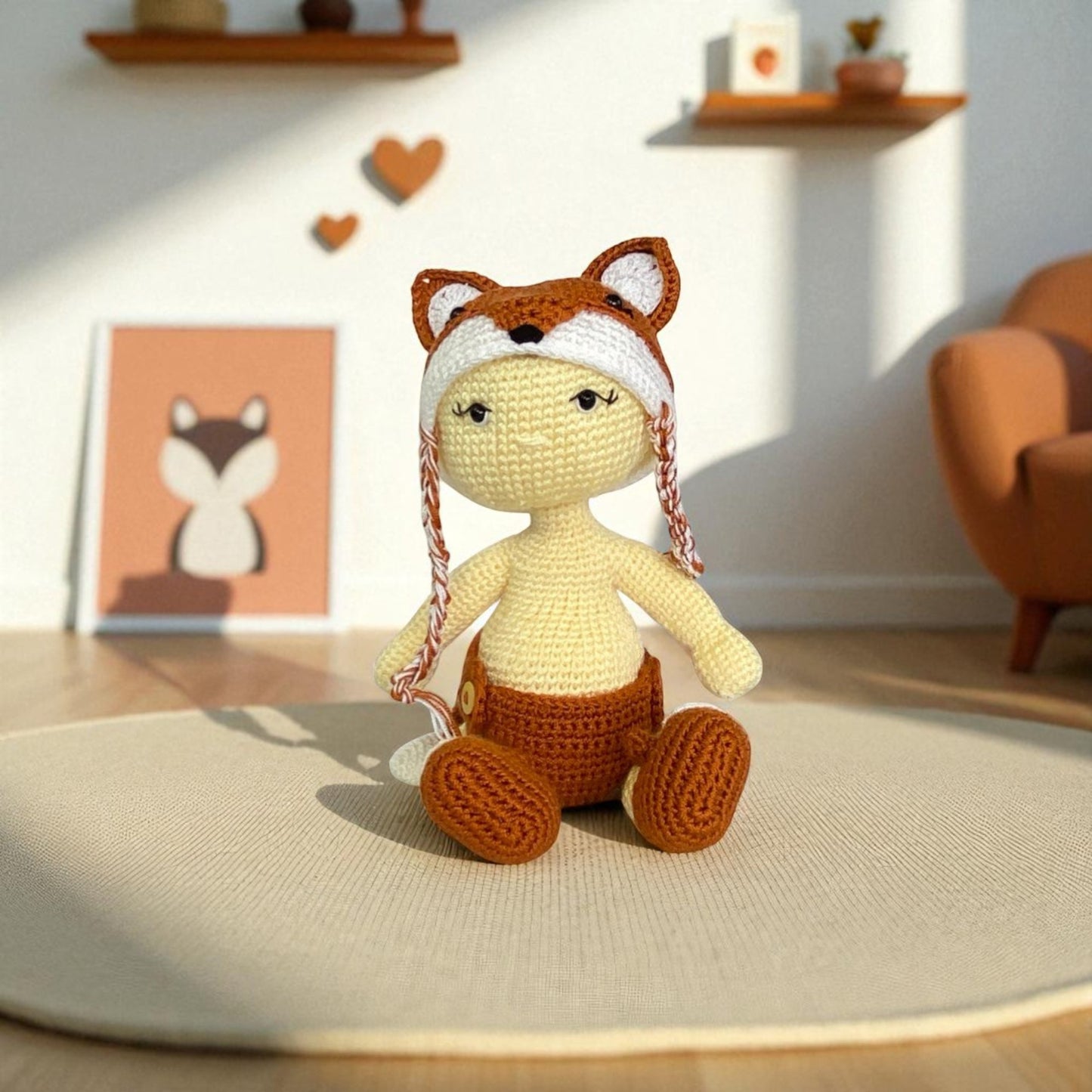 Crocheted toy with fox design on a table in a cozy room