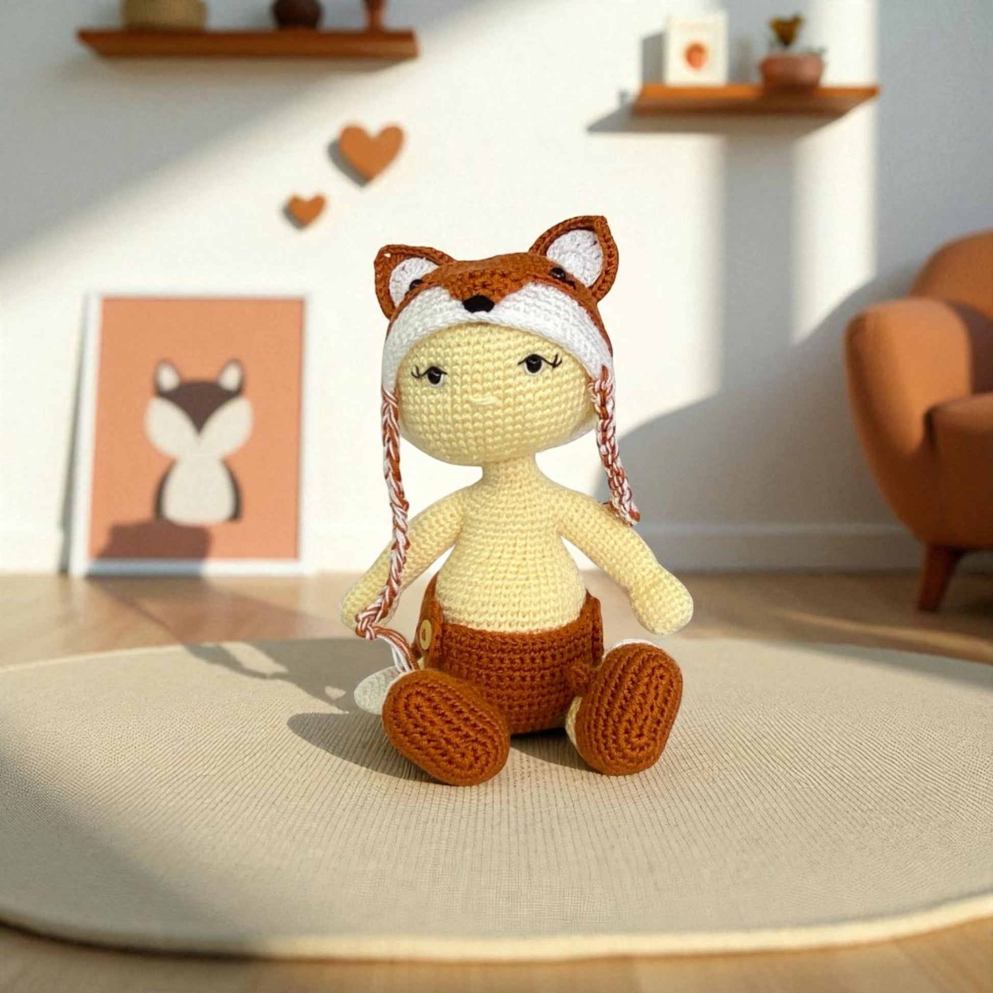Crocheted toy with fox design on a table in a cozy room
