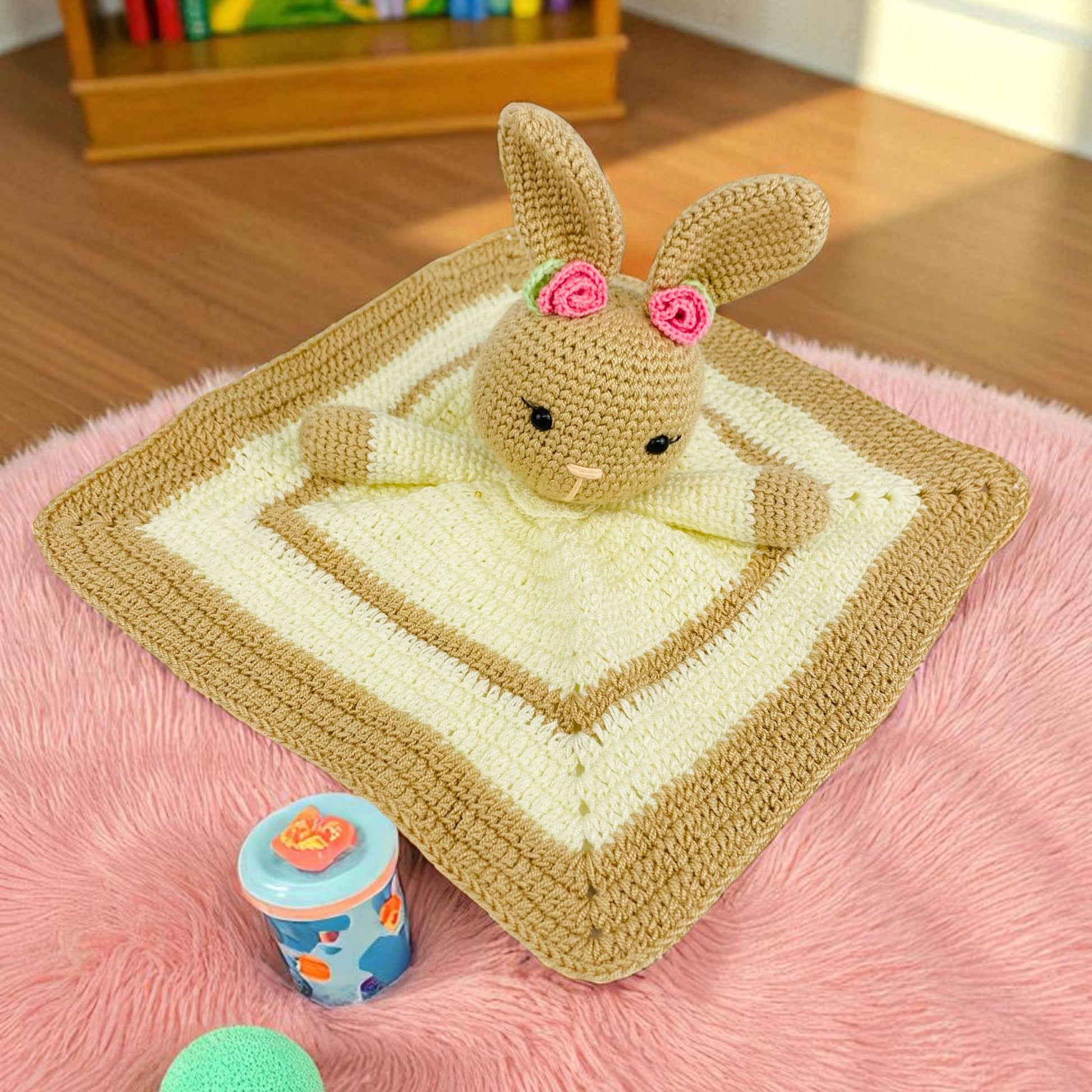 handmde security blanket with bunny  with pink flowers on ears