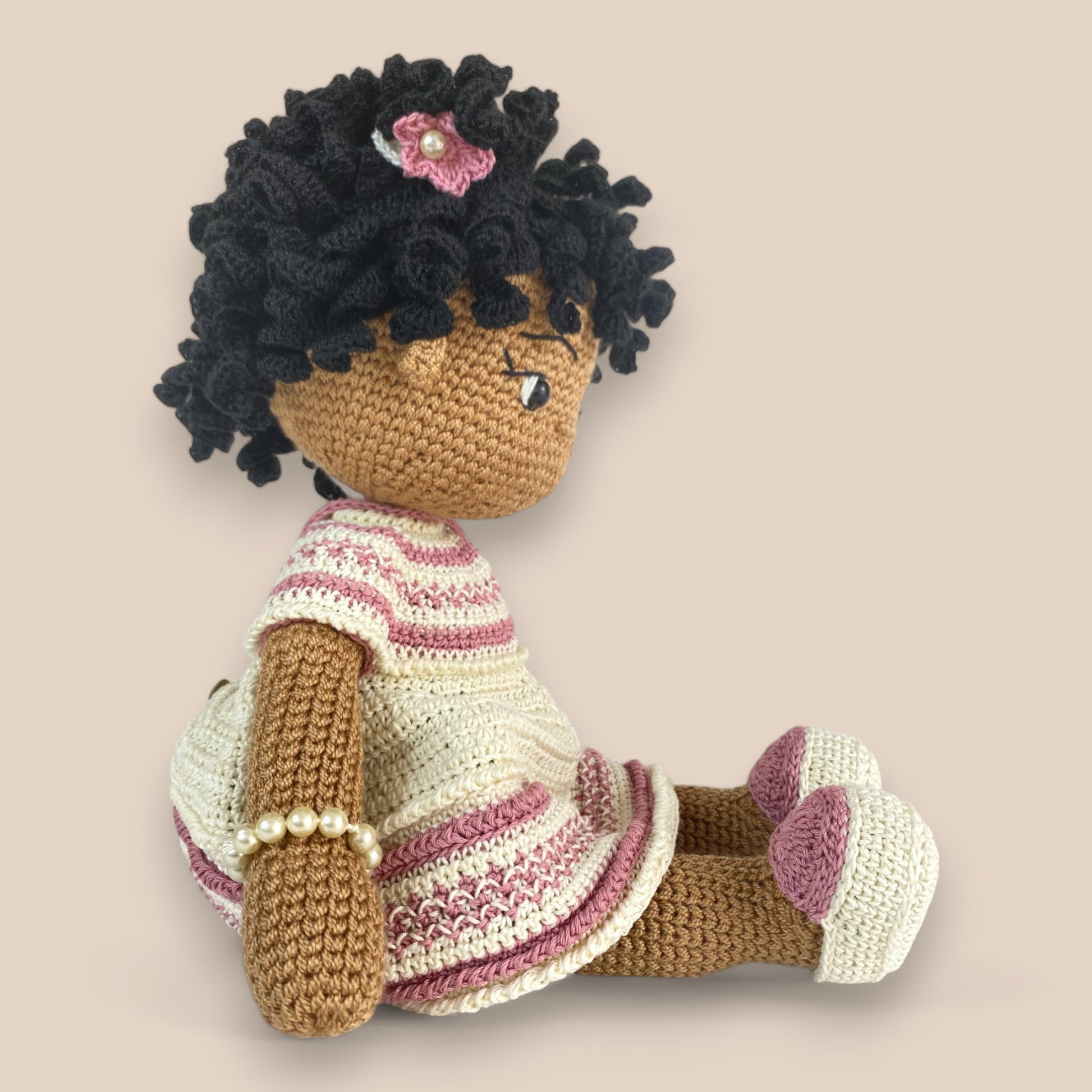side view of crochet ziggy doll 
