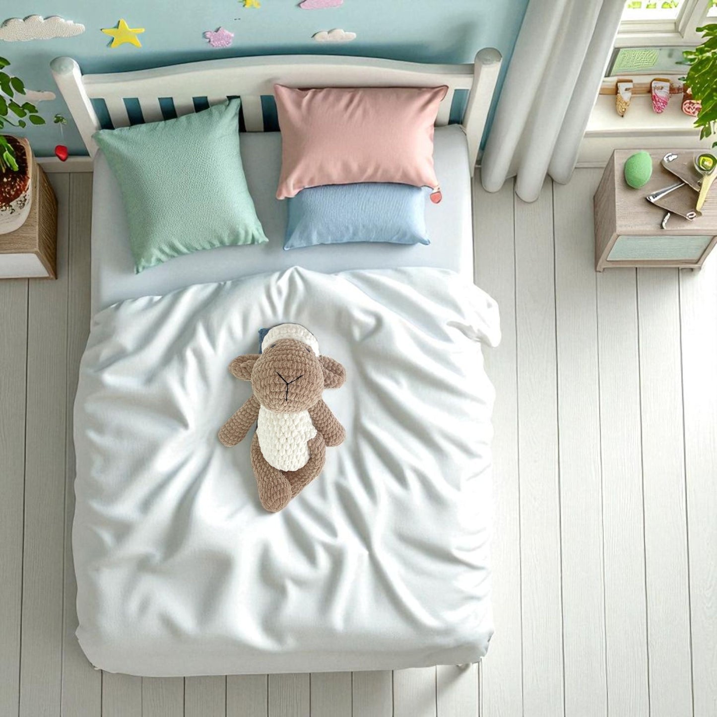 Children's bedroom with a bed featuring colorful pillows and sheep toy sleeping, surrounded by toys and decor.