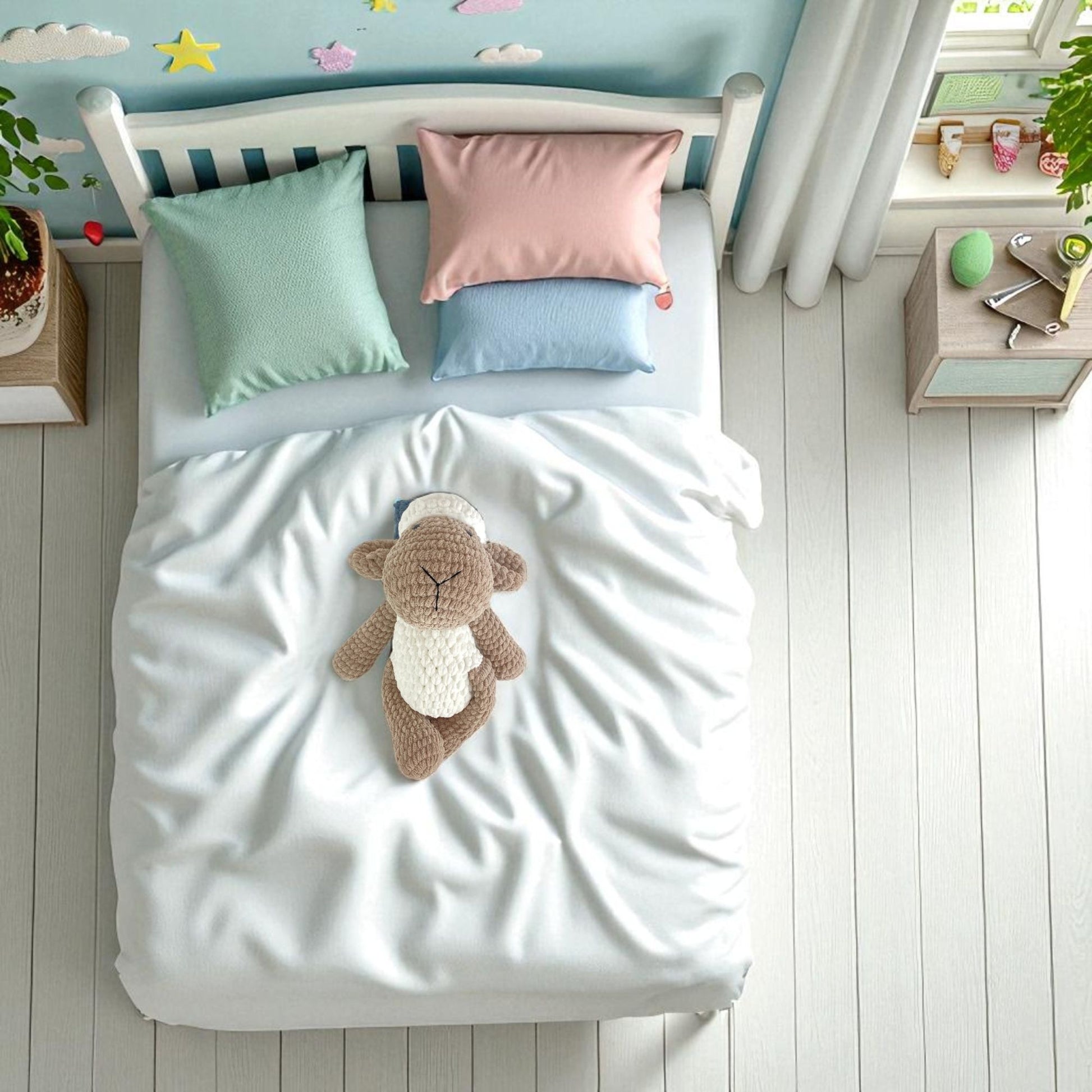 Children's bedroom with a bed featuring colorful pillows and sheep toy sleeping, surrounded by toys and decor.