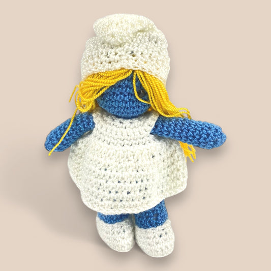 Smurfy Handmade amigurumi crochet toy in blue color with white dress ,hat and shoe, perfect as a baby crib toy, stroller accessory, or cute bag charm