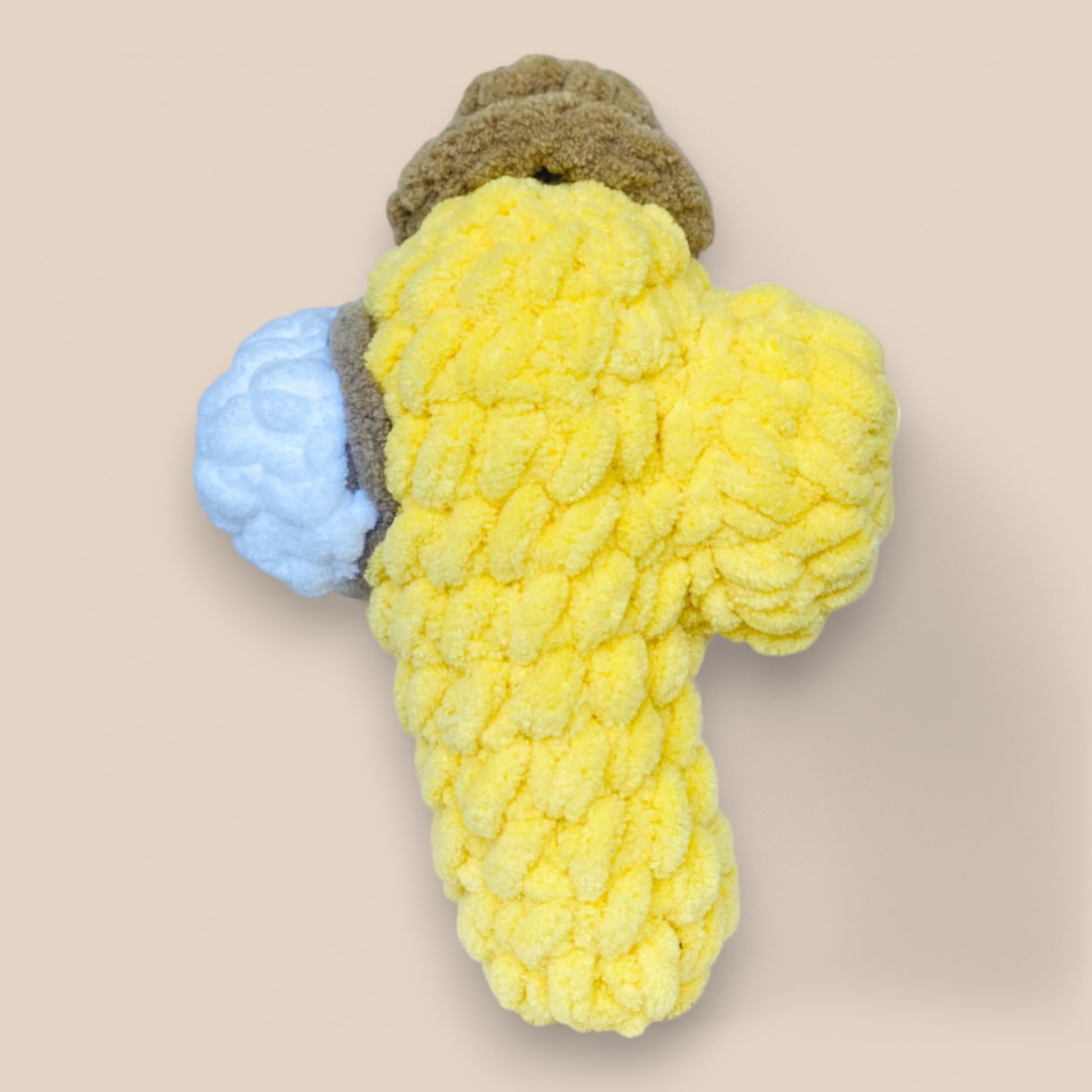 Yellow Hand-crocheted Among Us plushies with brown cap ,made from soft, chunky yarn—lightweight at 90g and perfectly sized at 14cm x 10cm.
