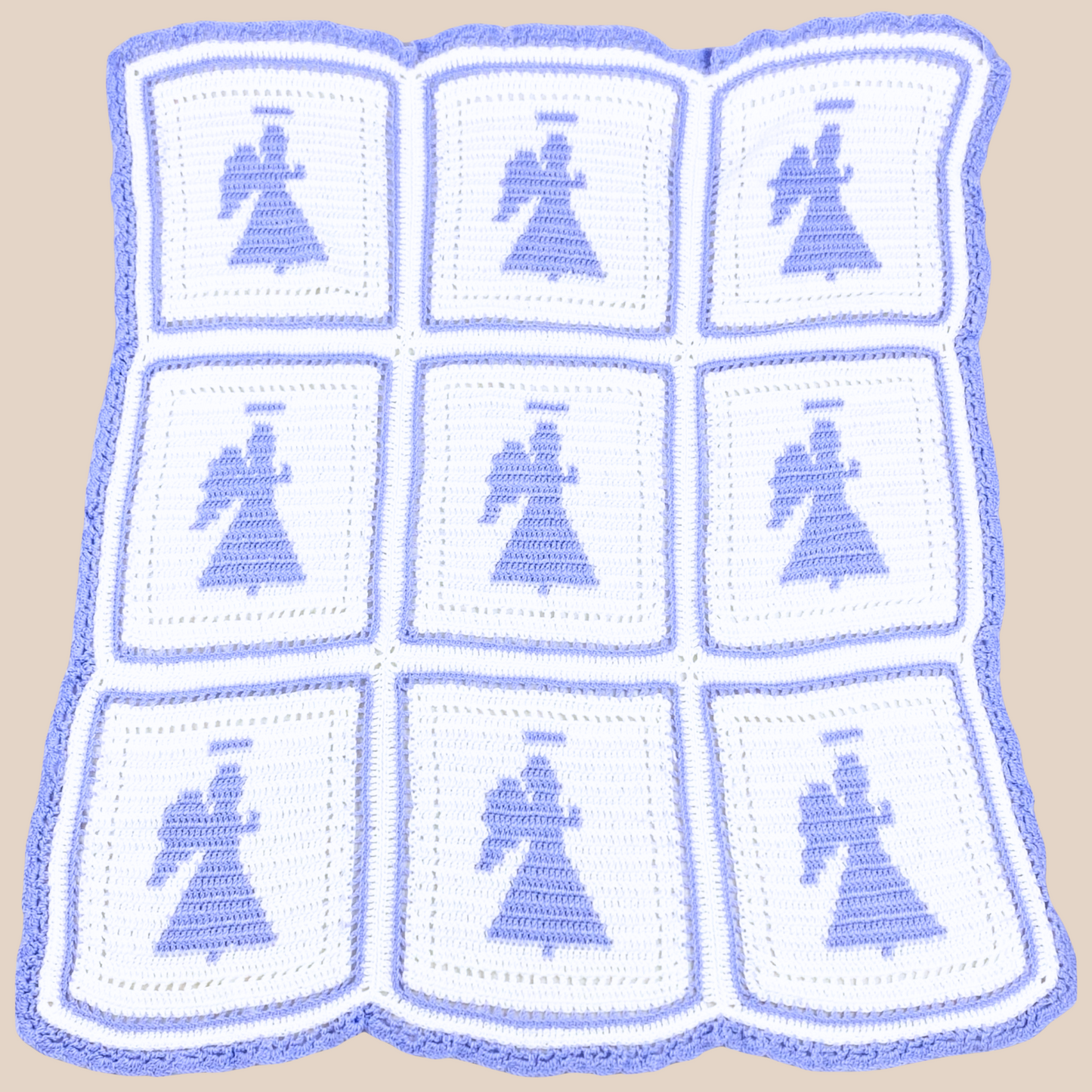 full view of 48inches*42inches handmade crochet blanket .white color with light blue 6 angle motifs 
