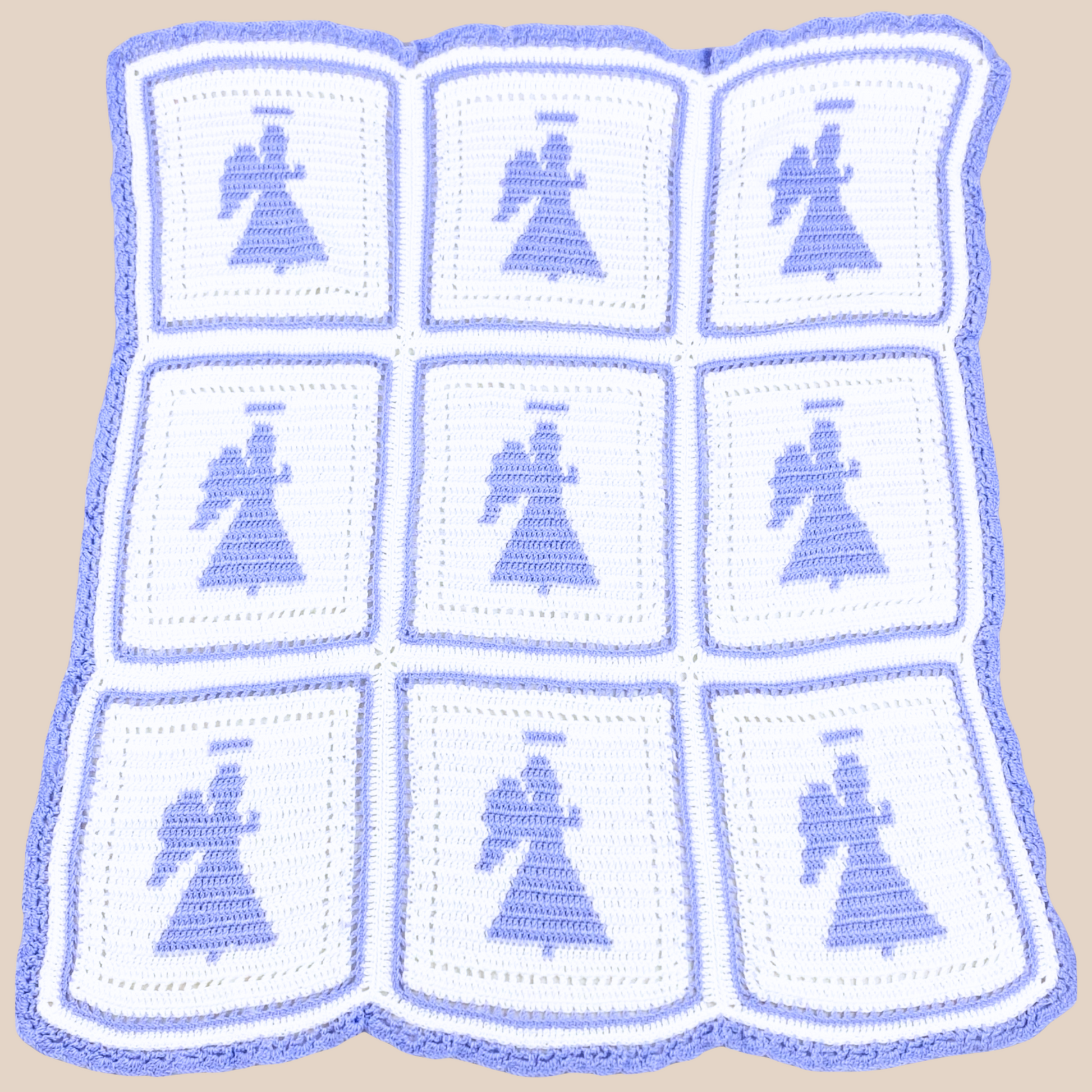 full view of 48inches*42inches handmade crochet blanket .white color with light blue 6 angle motifs 