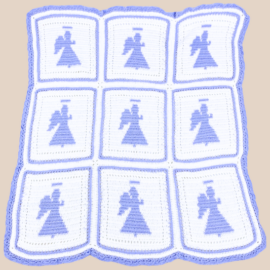 full view of 48inches*42inches handmade crochet blanket .white color with light blue 6 angle motifs 