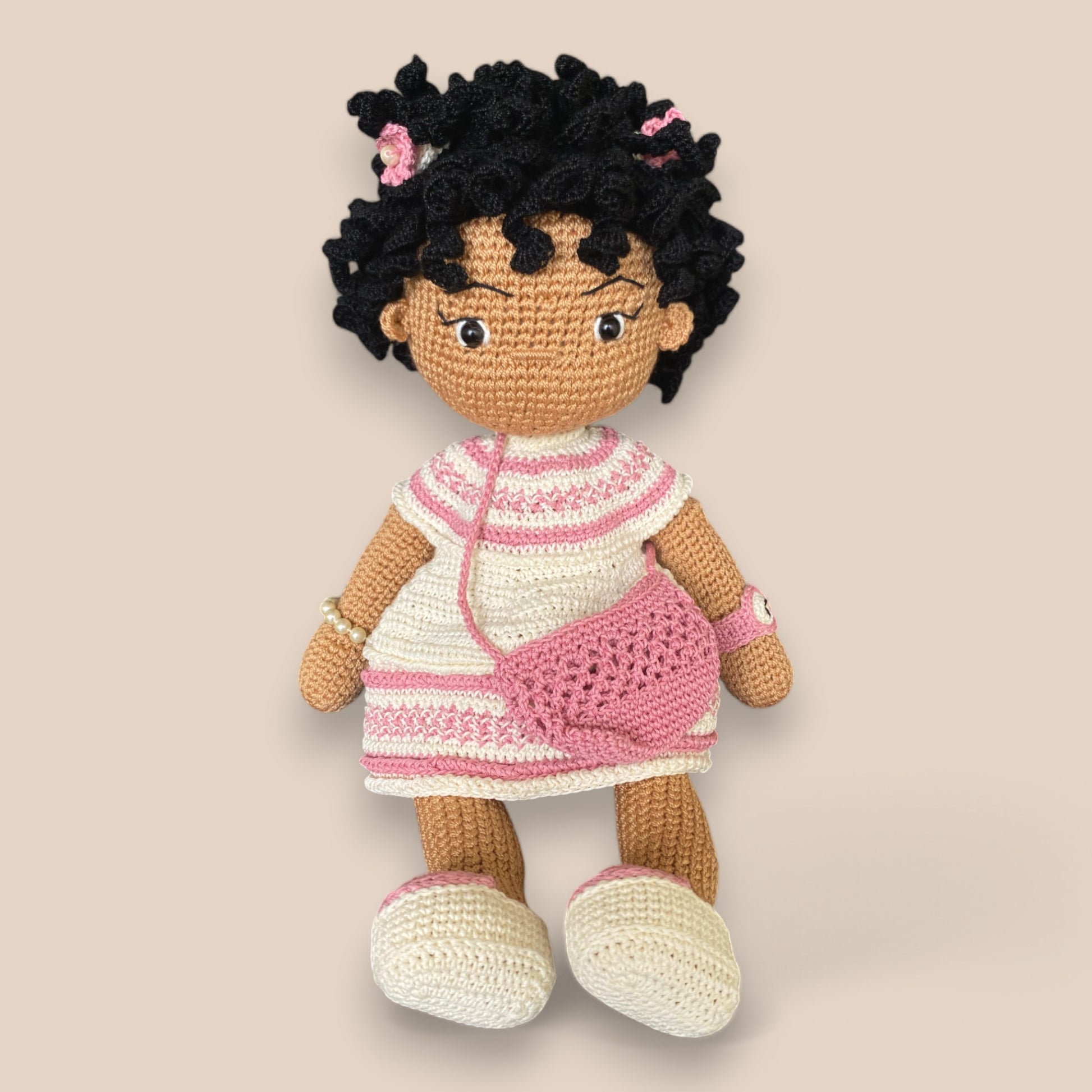 Handmade crochet doll Ziggy with pink dress – 16 inches tall